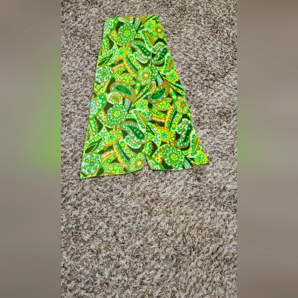 Vintage Paisley Scarf Retro Groovy Colorful Mid Century  Green & Yellow 7"x 44"